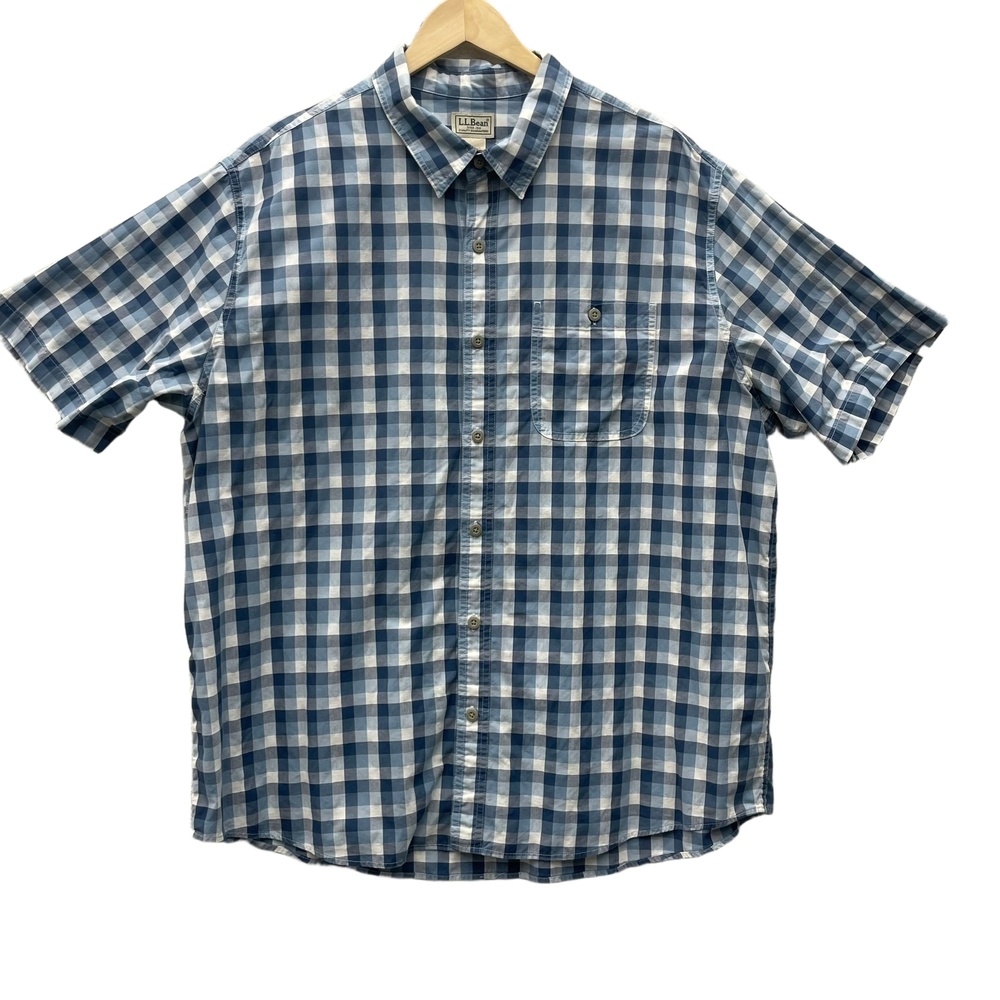 L.L.Bean Blue Check Plaid Short Sleeve Button Down Shirt Mens XL Regular blue